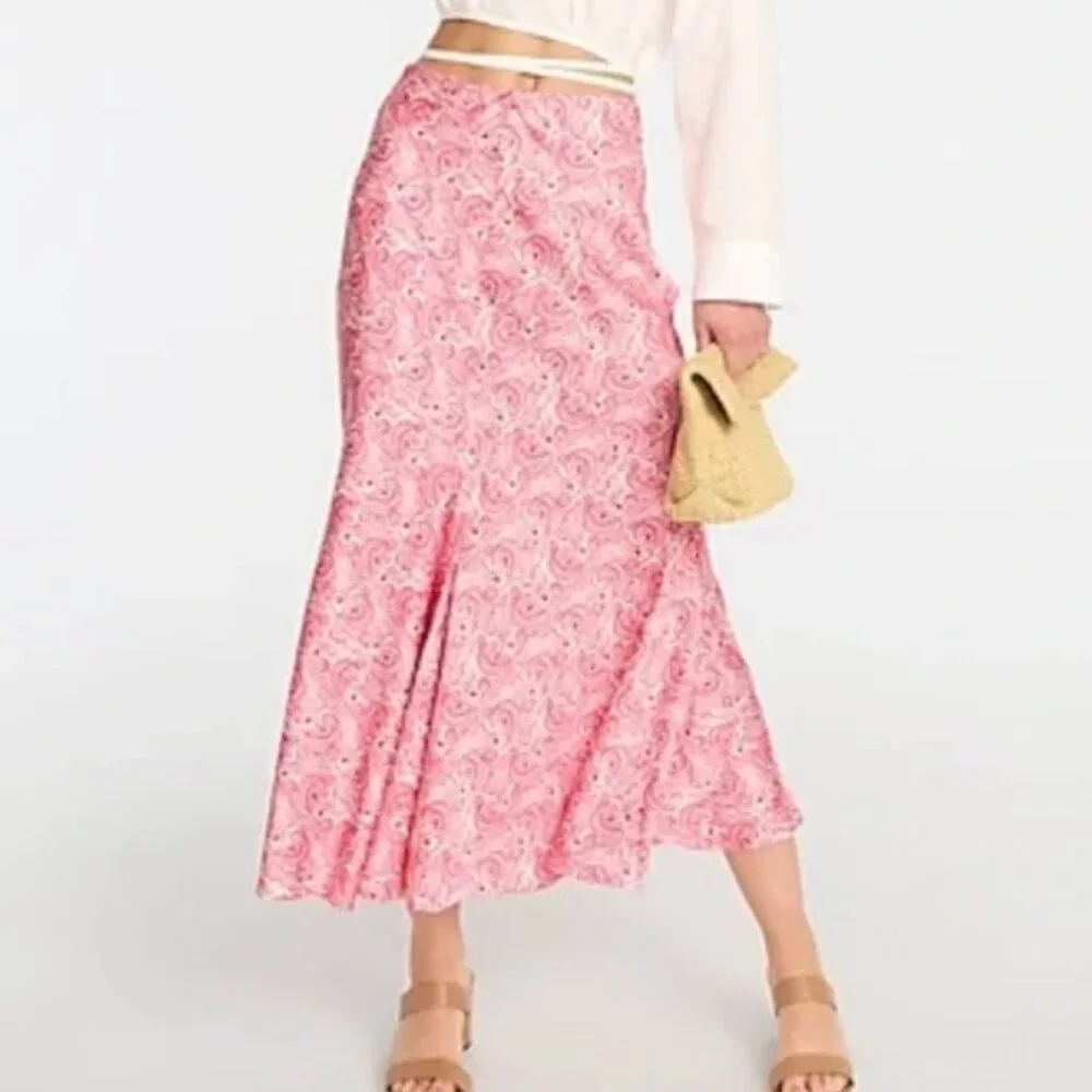 J. Crew Midi Flare Slip Skirt XXS Romantic Silky Satin Paisley Going out Party